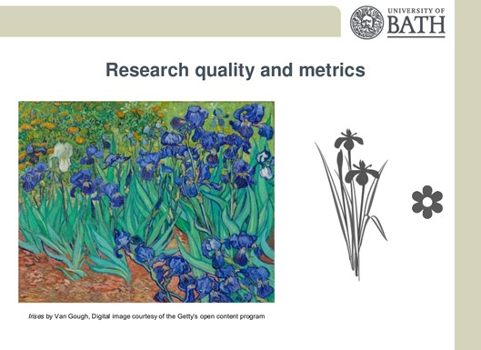 Describing Research is like describing Art. Image shows Seminar Slide by Katie Evans titled ‘Research Quality & Metrics’ with 3 pictures of flowers: first, a detailed oil painting of irises; second, a black and white silhouette of irises; and third a symbol of a generic flower shape.