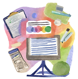 A watercolour style AI generated image of a a computer scree, pens, and what looks like a clipboard, and a calculator. 