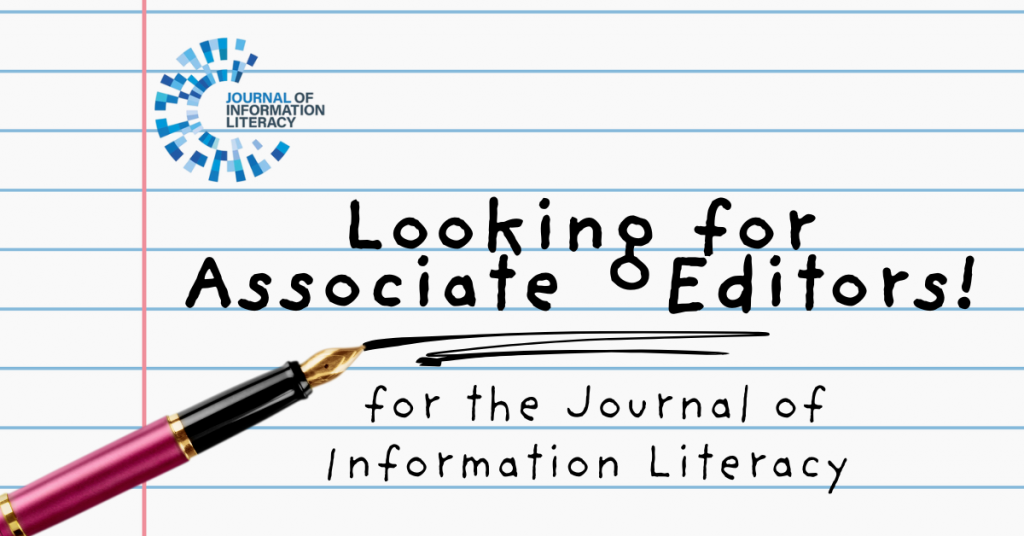 Lined paper with writing saying "looking for associate editors for the journal of information literacy" and a pen